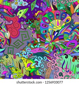 Tracery seamless pattern. Mehndi design. Ethnic colorful doodle texture. Curved doodling background. Vector