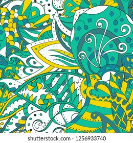 Tracery seamless pattern. Mehndi design. Ethnic colorful doodle texture. Curved doodling background. Vector