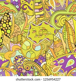 Tracery seamless pattern. Mehndi design. Ethnic colorful doodle texture. Curved doodling background. Vector