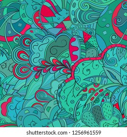 Tracery seamless pattern. Mehndi design. Ethnic colorful doodle texture. Curved doodling background. Vector