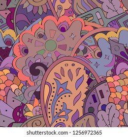 Tracery seamless pattern. Mehndi design. Ethnic colorful doodle texture. Curved doodling background. Vector