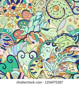 Tracery seamless pattern. Mehndi design. Ethnic colorful doodle texture. Curved doodling background. Vector