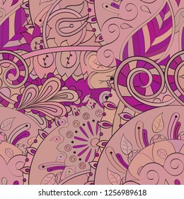 Tracery seamless pattern. Mehndi design. Ethnic colorful doodle texture. Curved doodling background. Vector