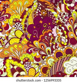 Tracery seamless pattern. Mehndi design. Ethnic colorful doodle texture. Curved doodling background. Vector