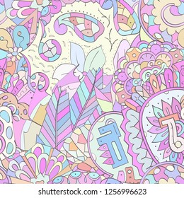 Tracery seamless pattern. Mehndi design. Ethnic colorful doodle texture. Curved doodling background. Vector