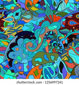 Tracery seamless pattern. Mehndi design. Ethnic colorful doodle texture. Curved doodling background. Vector