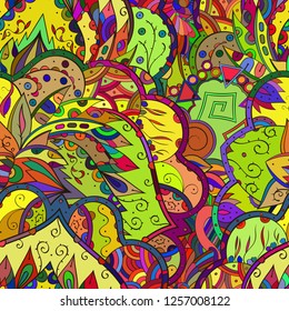 Tracery seamless pattern. Mehndi design. Ethnic colorful doodle texture. Curved doodling background. Vector