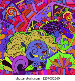 Tracery seamless pattern. Mehndi design. Ethnic colorful doodle texture. Curved doodling background. Vector
