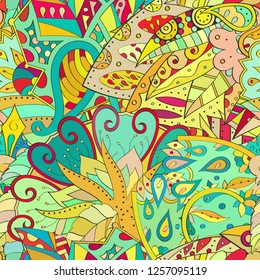 Tracery seamless pattern. Mehndi design. Ethnic colorful doodle texture. Curved doodling background. Vector