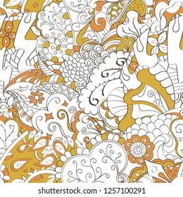 Tracery seamless pattern. Mehndi design. Ethnic colorful doodle texture. Curved doodling background. Vector