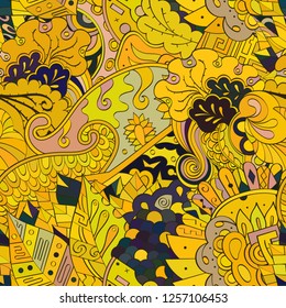 Tracery seamless pattern. Mehndi design. Ethnic colorful doodle texture. Curved doodling background. Vector