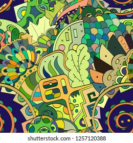 Tracery seamless pattern. Mehndi design. Ethnic colorful doodle texture. Curved doodling background. Vector