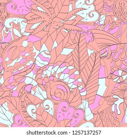 Tracery seamless pattern. Mehndi design. Ethnic colorful doodle texture. Curved doodling background. Vector