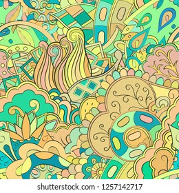 Tracery seamless pattern. Mehndi design. Ethnic colorful doodle texture. Curved doodling background. Vector