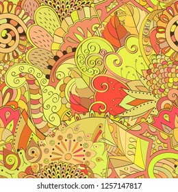 Tracery seamless pattern. Mehndi design. Ethnic colorful doodle texture. Curved doodling background. Vector