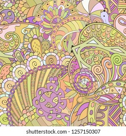 Tracery seamless pattern. Mehndi design. Ethnic colorful doodle texture. Curved doodling background. Vector