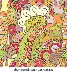 Tracery seamless pattern. Mehndi design. Ethnic colorful doodle texture. Curved doodling background. Vector