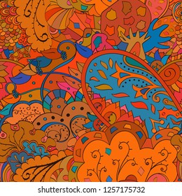 Tracery seamless pattern. Mehndi design. Ethnic colorful doodle texture. Curved doodling background. Vector