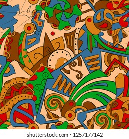 Tracery seamless pattern. Mehndi design. Ethnic colorful doodle texture. Curved doodling background. Vector