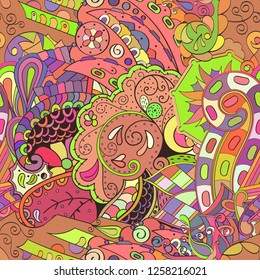 Tracery seamless pattern. Mehndi design. Ethnic colorful doodle texture. Curved doodling background. Vector