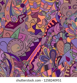 Tracery seamless pattern. Mehndi design. Ethnic colorful doodle texture. Curved doodling background. Vector