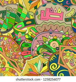 Tracery seamless pattern. Mehndi design. Ethnic colorful doodle texture. Curved doodling background. Vector