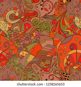 Tracery seamless pattern. Mehndi design. Ethnic colorful doodle texture. Curved doodling background. Vector
