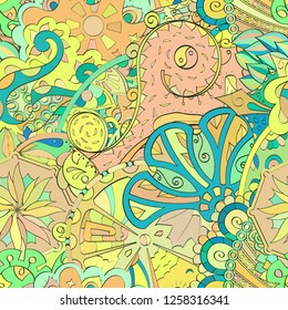 Tracery seamless pattern. Mehndi design. Ethnic colorful doodle texture. Curved doodling background. Vector