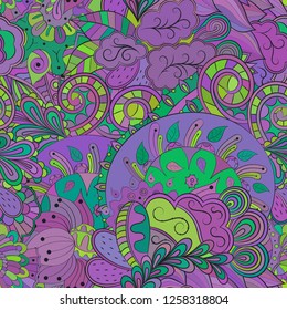 Tracery seamless pattern. Mehndi design. Ethnic colorful doodle texture. Curved doodling background. Vector