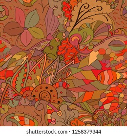 Tracery seamless pattern. Mehndi design. Ethnic colorful doodle texture. Curved doodling background. Vector