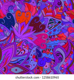 Tracery seamless pattern. Mehndi design. Ethnic colorful doodle texture. Curved doodling background. Vector