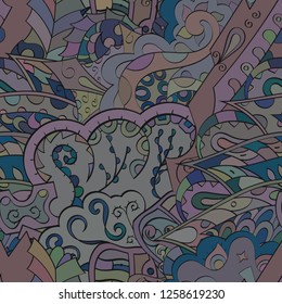 Tracery seamless pattern. Mehndi design. Ethnic colorful doodle texture. Curved doodling background. Vector