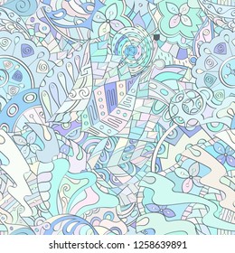 Tracery seamless pattern. Mehndi design. Ethnic colorful doodle texture. Curved doodling background. Vector
