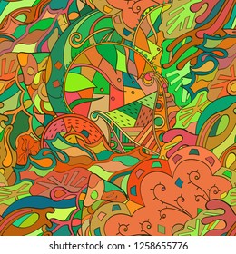 Tracery seamless pattern. Mehndi design. Ethnic colorful doodle texture. Curved doodling background. Vector