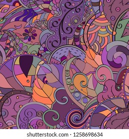 Tracery seamless pattern. Mehndi design. Ethnic colorful doodle texture. Curved doodling background. Vector