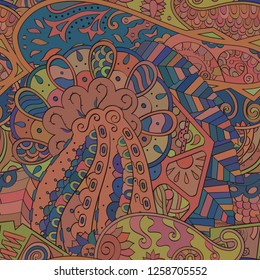 Tracery seamless pattern. Mehndi design. Ethnic colorful doodle texture. Curved doodling background. Vector