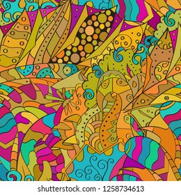 Tracery seamless pattern. Mehndi design. Ethnic colorful doodle texture. Curved doodling background. Vector