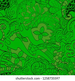 Tracery seamless pattern. Mehndi design. Ethnic colorful doodle texture. Curved doodling background. Vector