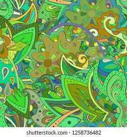 Tracery seamless pattern. Mehndi design. Ethnic colorful doodle texture. Curved doodling background. Vector