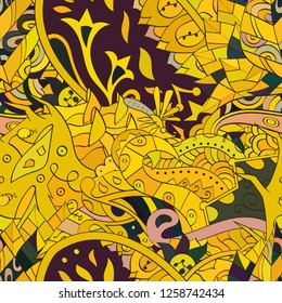 Tracery seamless pattern. Mehndi design. Ethnic colorful doodle texture. Curved doodling background. Vector