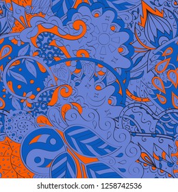 Tracery seamless pattern. Mehndi design. Ethnic colorful doodle texture. Curved doodling background. Vector