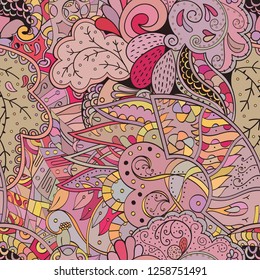 Tracery seamless pattern. Mehndi design. Ethnic colorful doodle texture. Curved doodling background. Vector