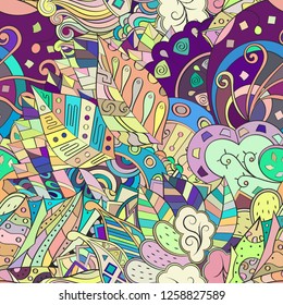 Tracery seamless pattern. Mehndi design. Ethnic colorful doodle texture. Curved doodling background. Vector