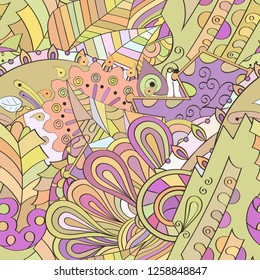 Tracery seamless pattern. Mehndi design. Ethnic colorful doodle texture. Curved doodling background. Vector