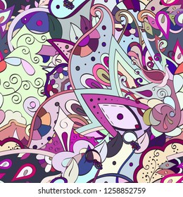 Tracery seamless pattern. Mehndi design. Ethnic colorful doodle texture. Curved doodling background. Vector