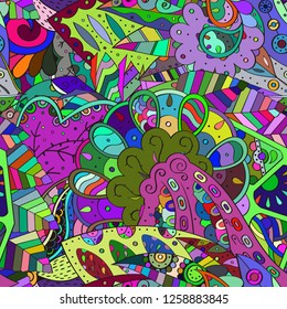 Tracery seamless pattern. Mehndi design. Ethnic colorful doodle texture. Curved doodling background. Vector