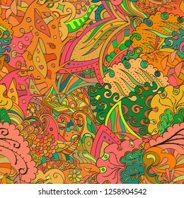 Tracery seamless pattern. Mehndi design. Ethnic colorful doodle texture. Curved doodling background. Vector