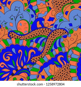 Tracery seamless pattern. Mehndi design. Ethnic colorful doodle texture. Curved doodling background. Vector