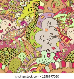 Tracery seamless pattern. Mehndi design. Ethnic colorful doodle texture. Curved doodling background. Vector