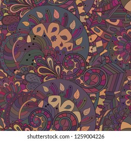Tracery seamless pattern. Mehndi design. Ethnic colorful doodle texture. Curved doodling background. Vector